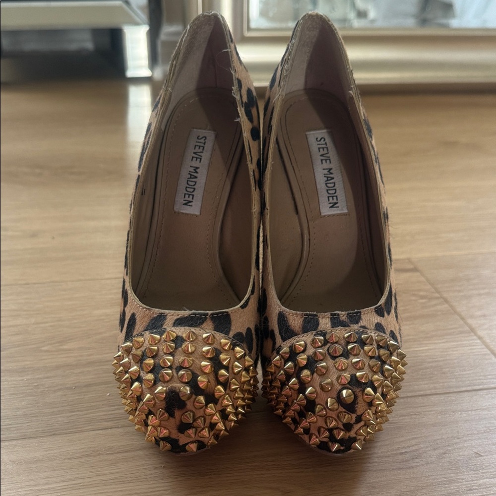 Steve Madden Leopard Print Heels with Gold Spikes